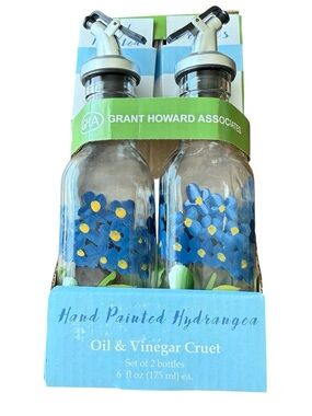 Oil and Vinegar set by Grant Howard hand painted Hydrangeas glass
